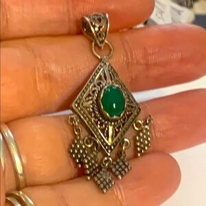 DGS Sterling Silver Filigree Fringe Chrysoprase or treated Jade Pendant
